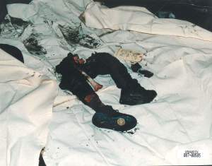 Remains of eighteen month old child disarticulated by explosives on vault roof.